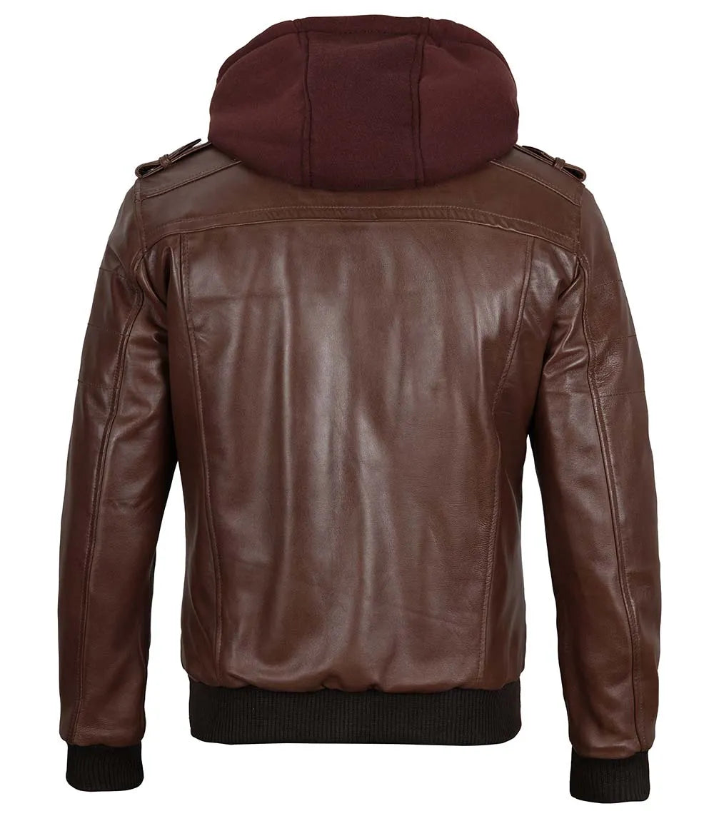 Veste en cuir marron foncé à capuche en cuir