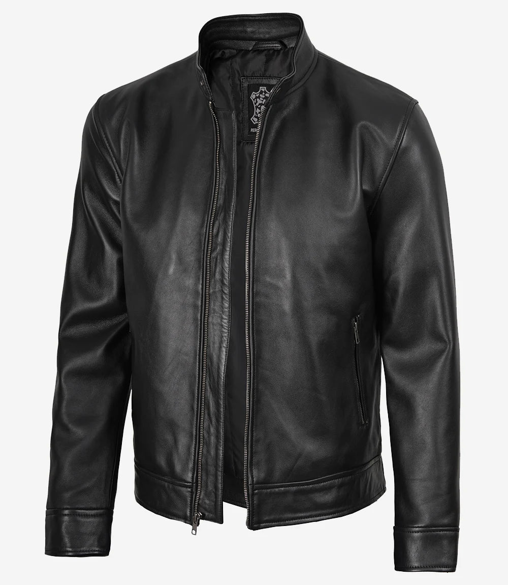 Veste Cafe Racer en cuir véritable noir pour homme