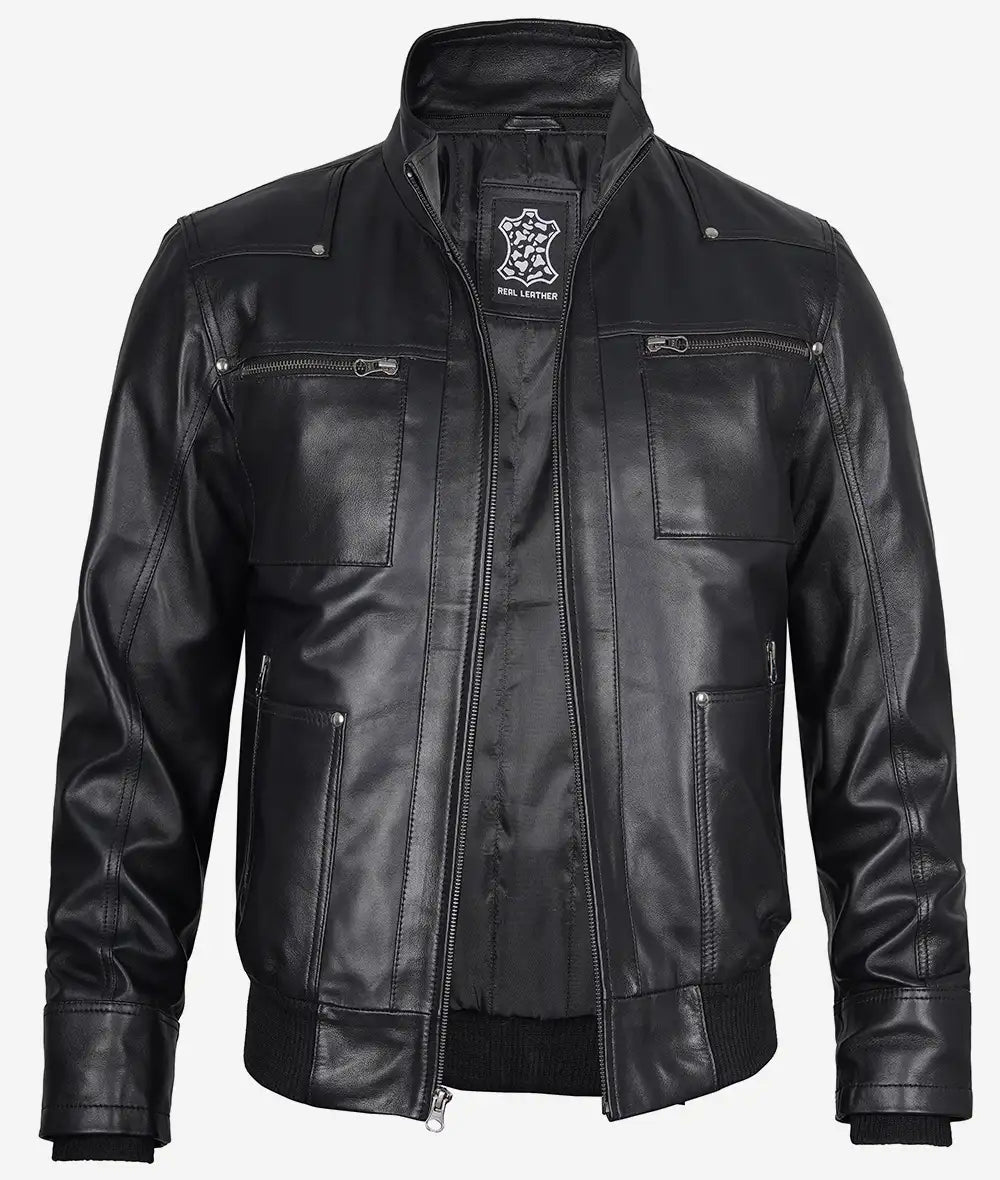 blouson aviateur en cuir noir pour homme avec capuche