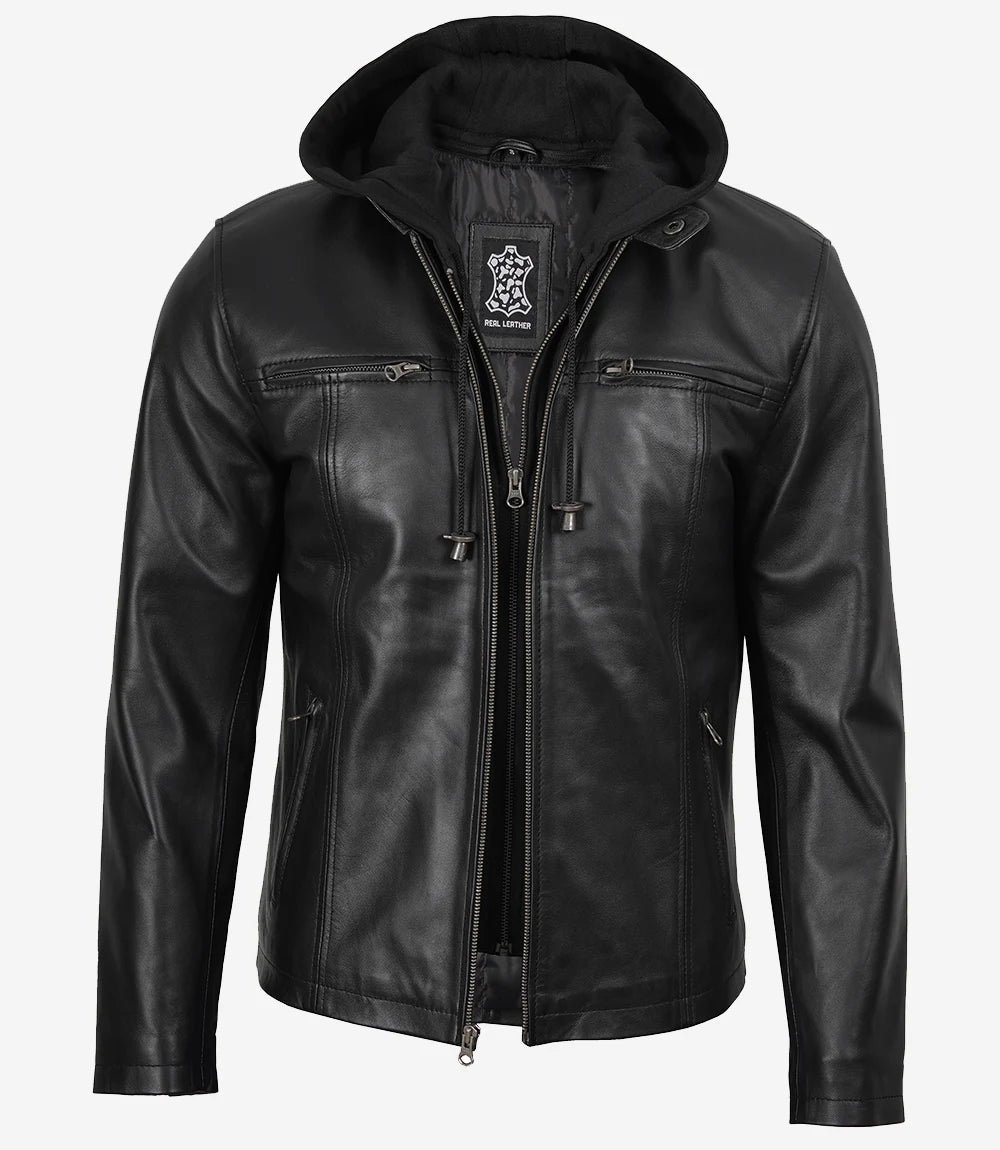 Veste en cuir noire à capuche pour homme