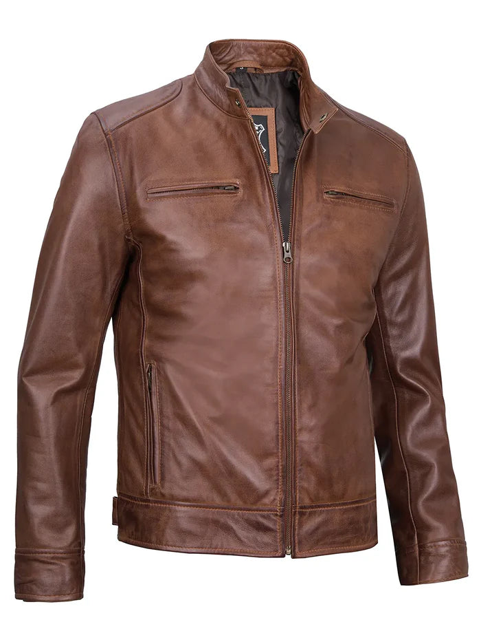 Dodge Herren Cognacbraune Lederjacke