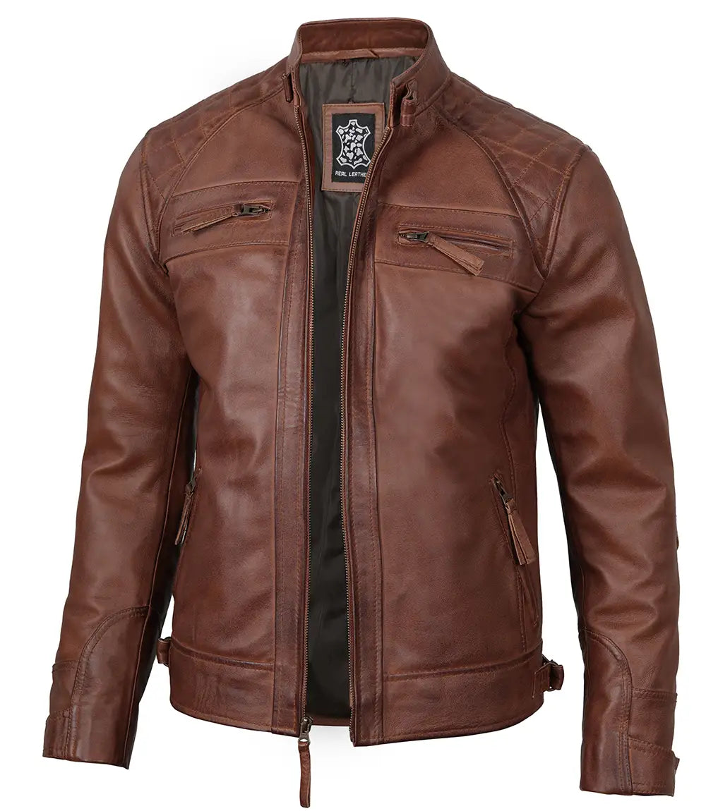 veste marron café racer en cuir véritable pour homme