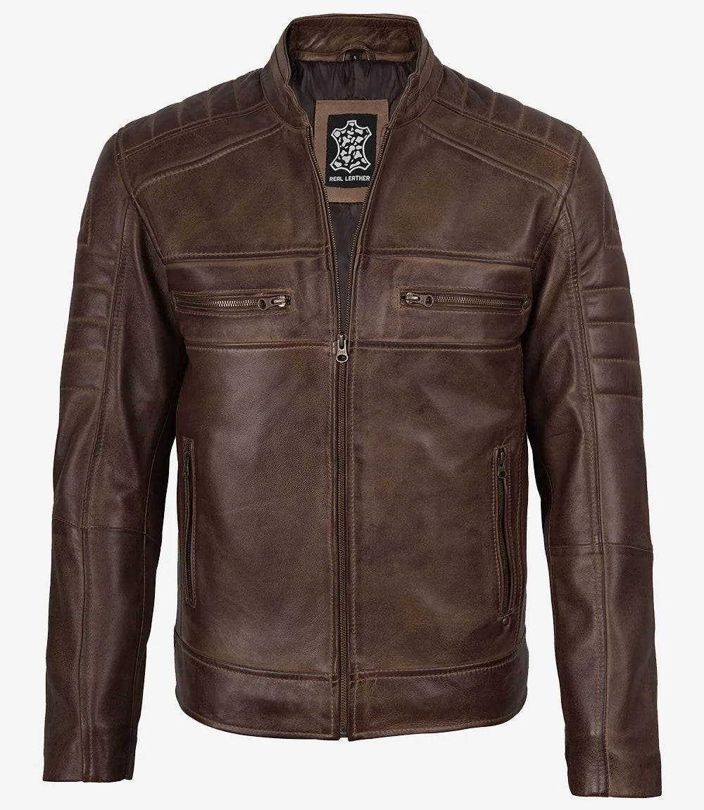 veste en cuir marron café racer pour homme