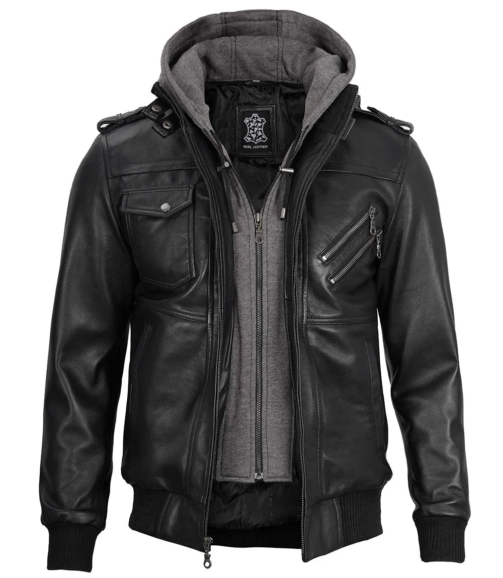 veste en cuir pour homme avec capuche amovible