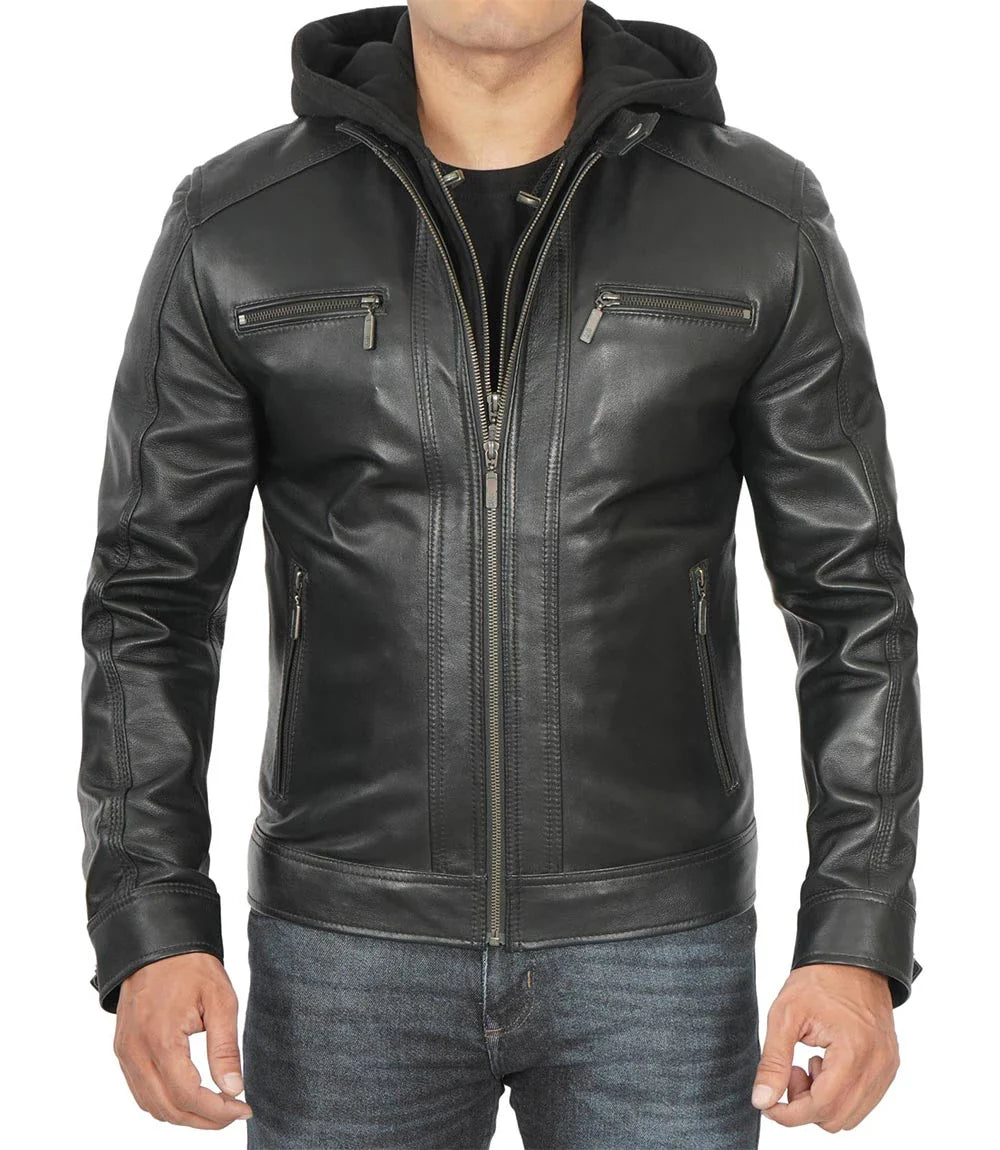 veste en cuir d'agneau véritable pour homme avec capuche