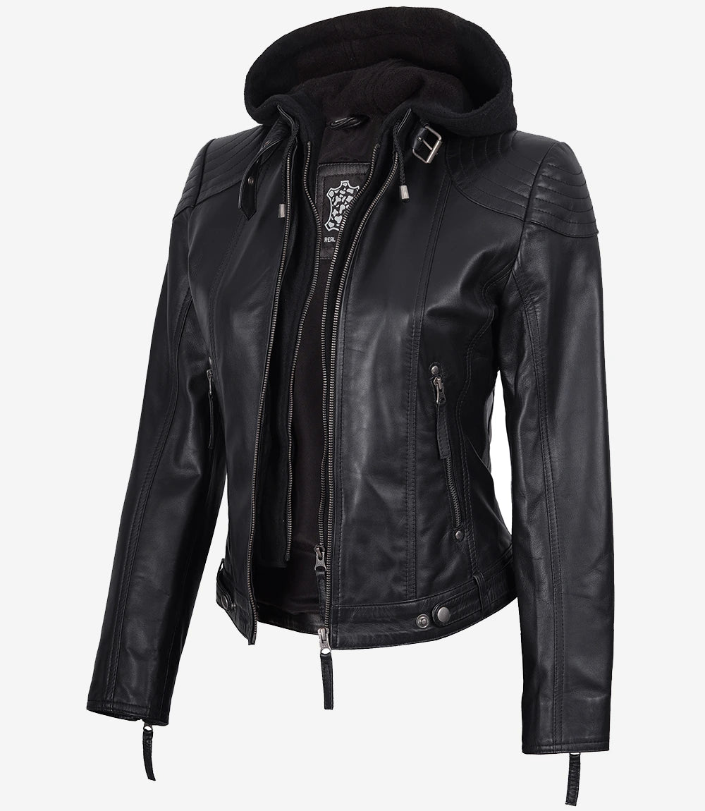 Veste en cuir véritable noir pour femme avec capuche