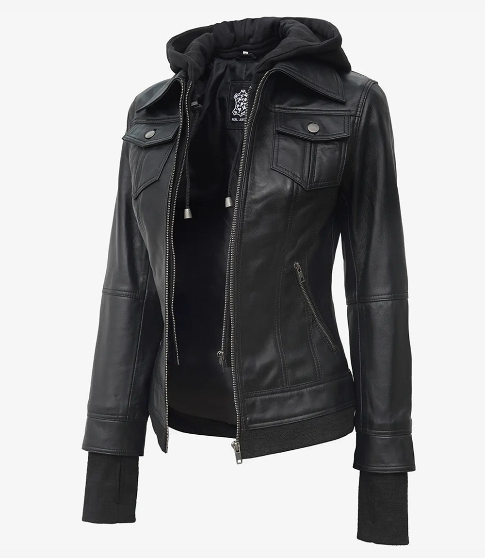 Tralee Schwarze Motorradjacke Lederjacke Damen mit Kapuze