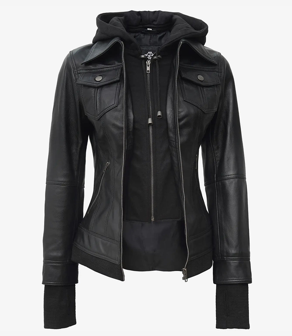 Tralee Schwarze Motorradjacke Lederjacke Damen mit Kapuze