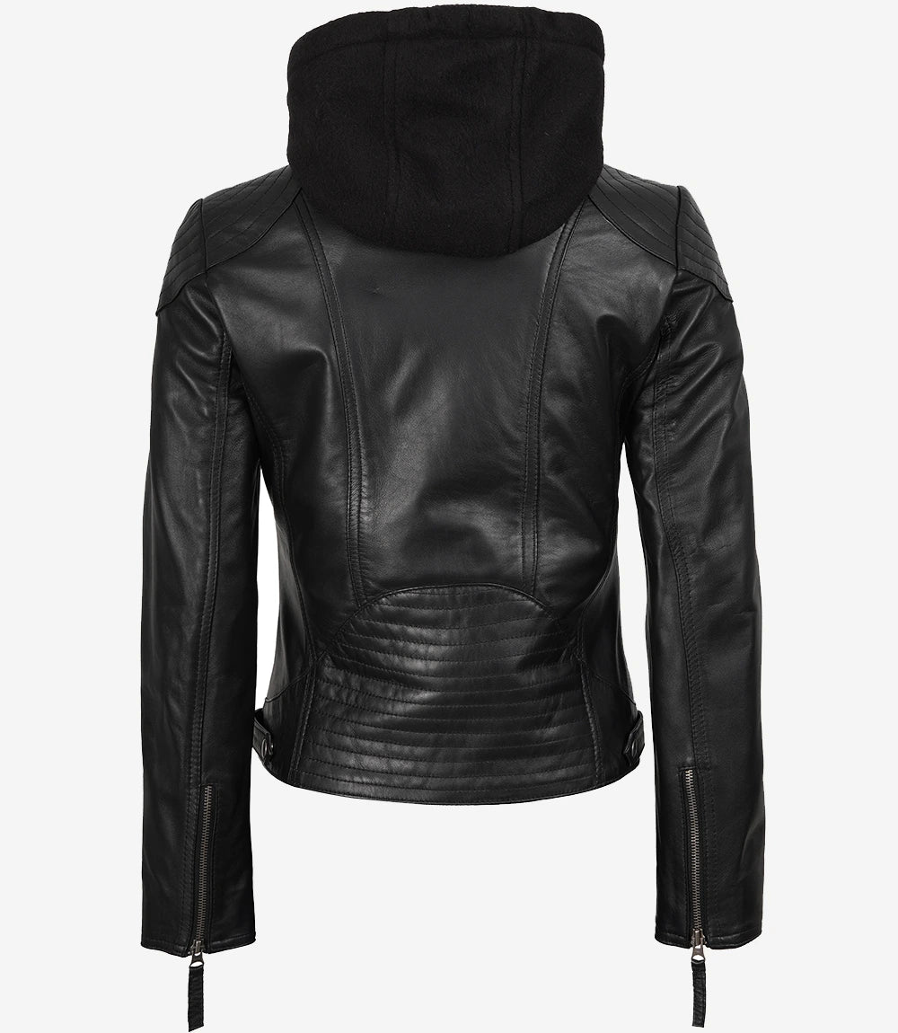 Veste à capuche en cuir véritable noir pour femme