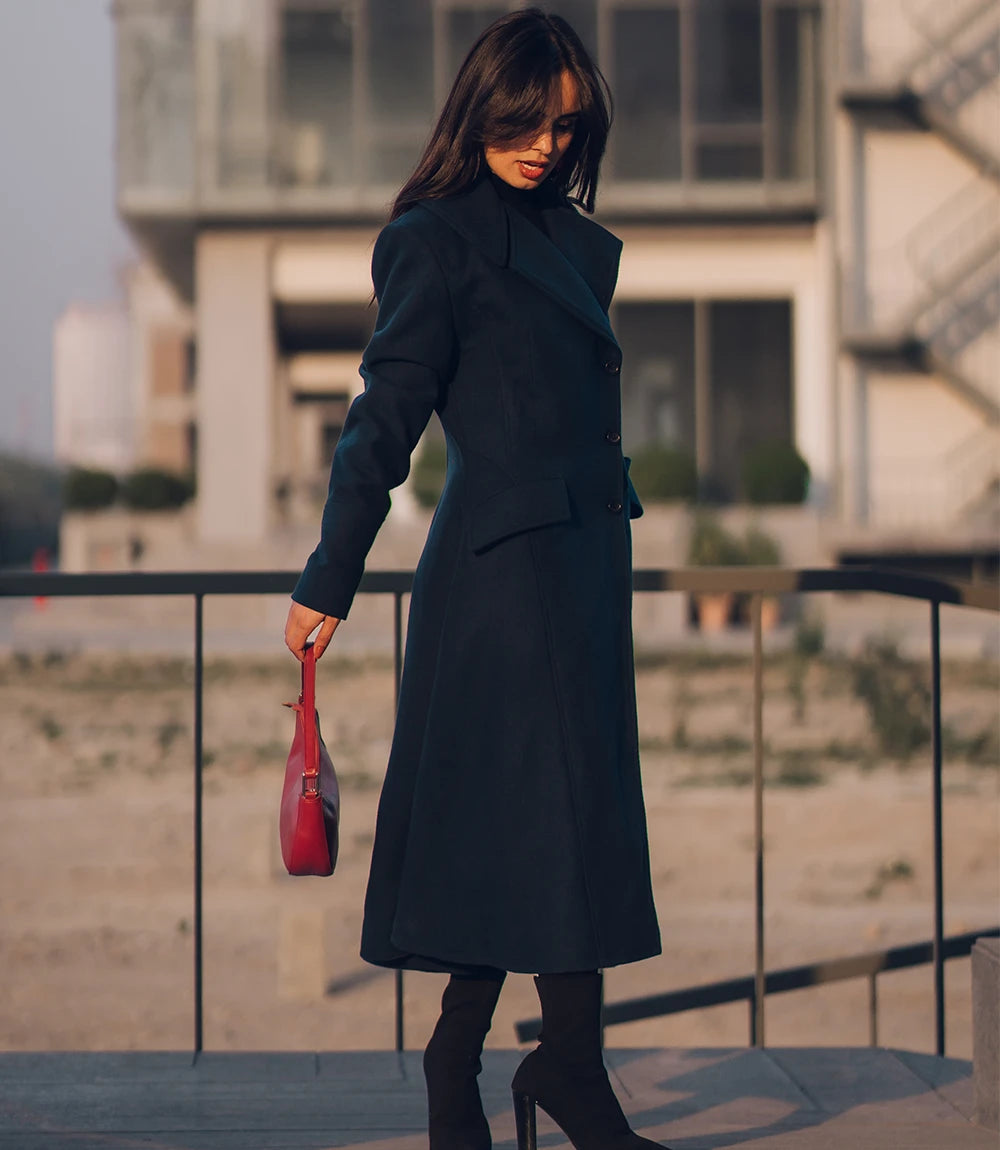 Femme Vert Long Manteau En Laine