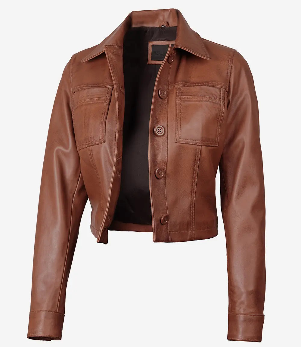 Johnson Damen Cognac Cafe Racer gesteppte Lederjacke