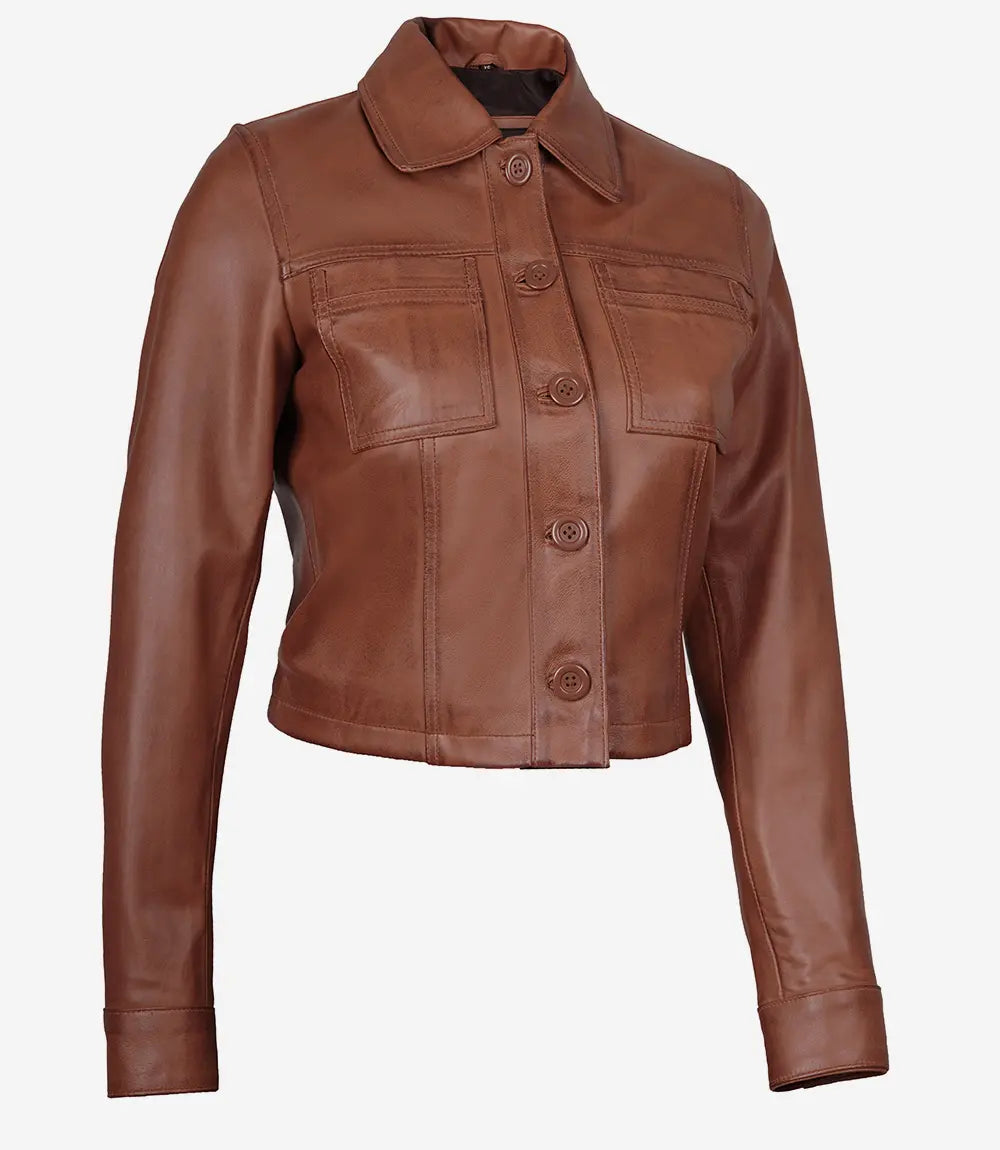 Johnson Damen Cognac Cafe Racer gesteppte Lederjacke