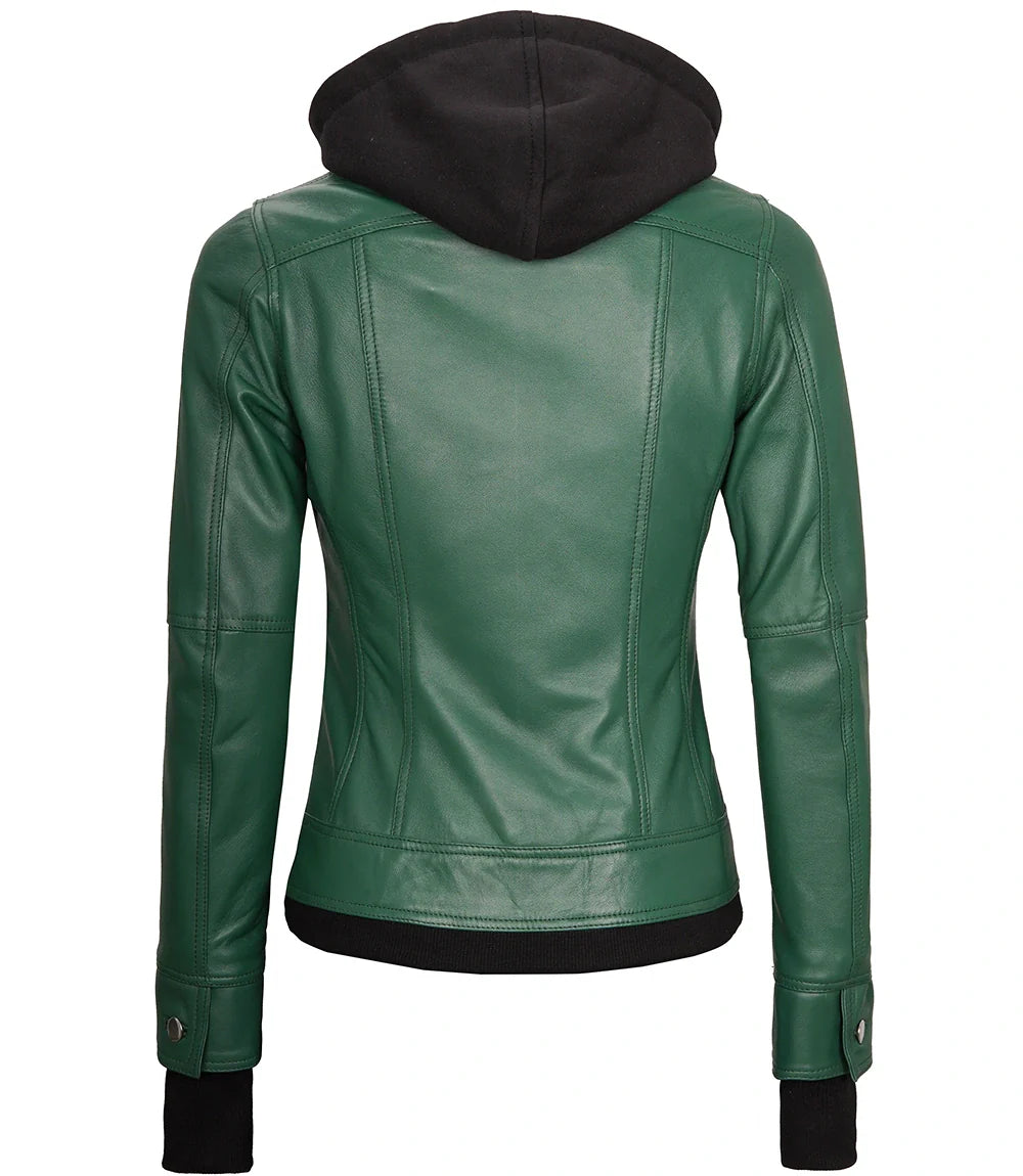 veste en cuir à capuche verte pour femme