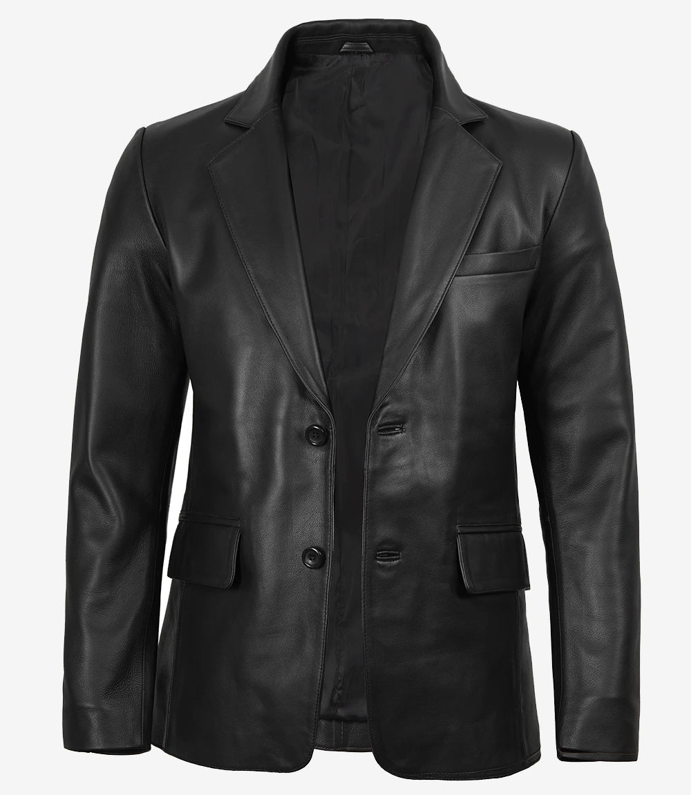 Blazer en cuir noir à deux boutons pour homme