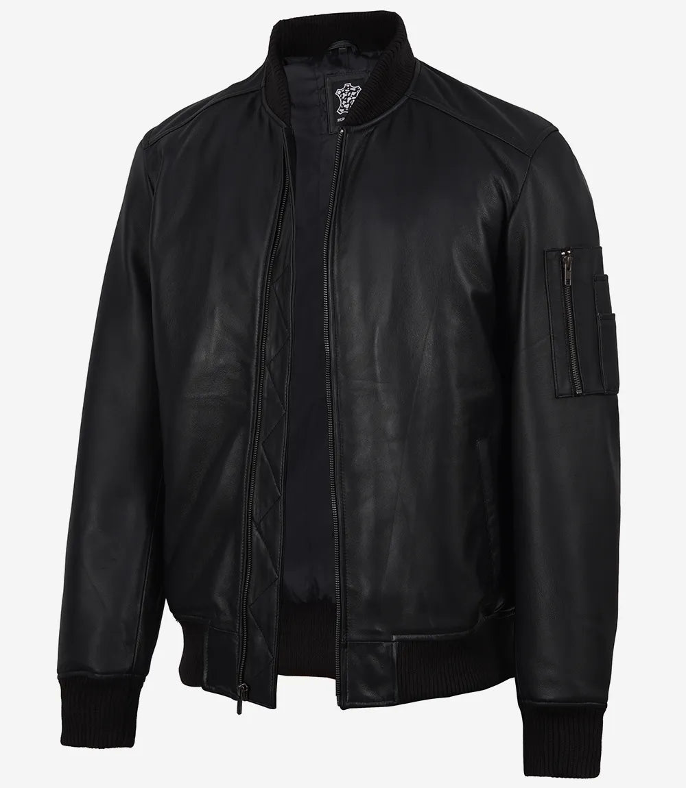 Blouson Aviateur en Cuir D'agneau Véritable Noir pour Homme