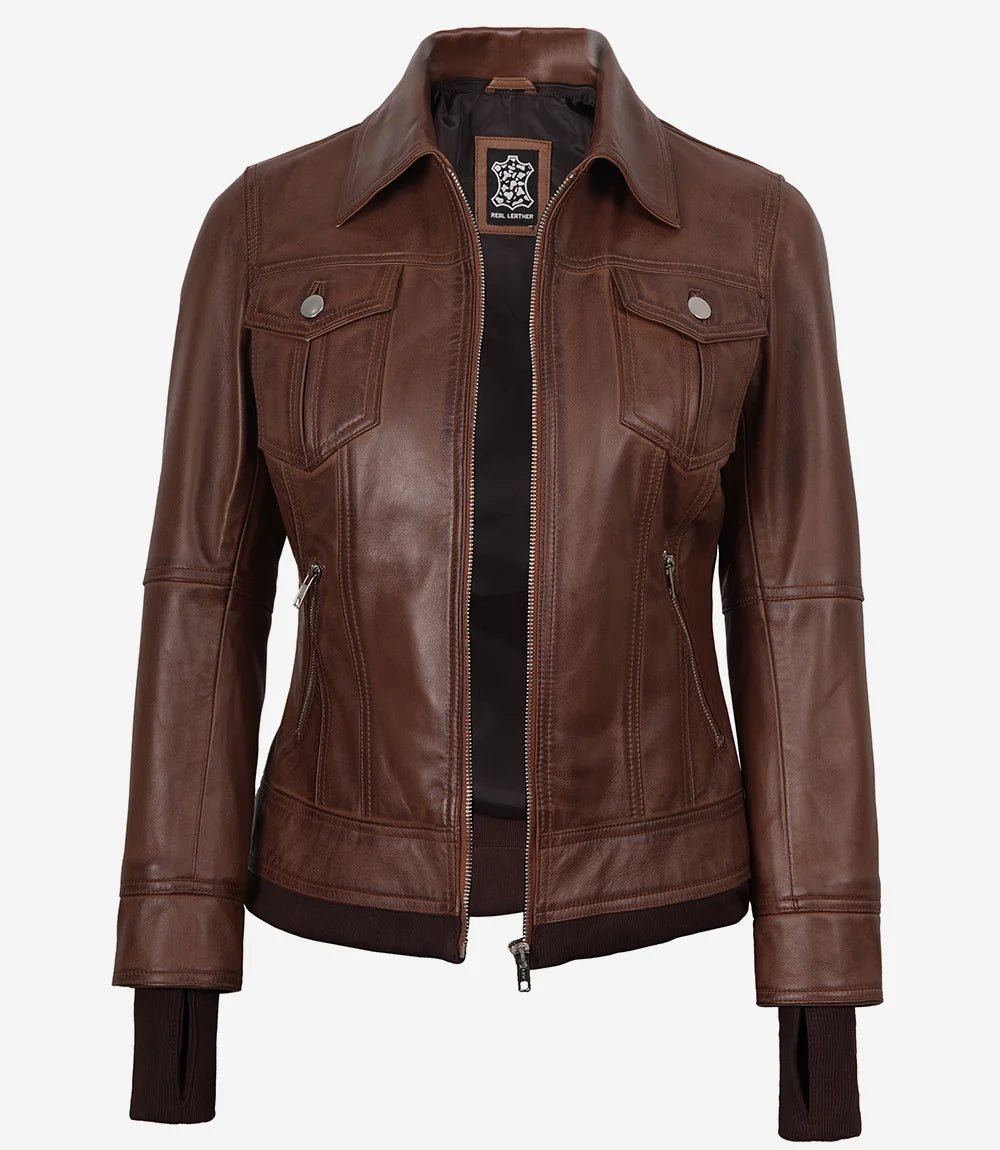 Blouson Bomber En Cuir Femme Marron Capuche Amovible
