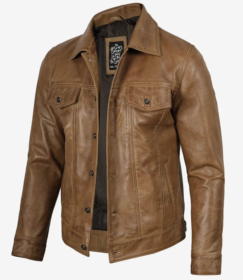 Blouson Camionneur En Cuir Camel Pour Homme