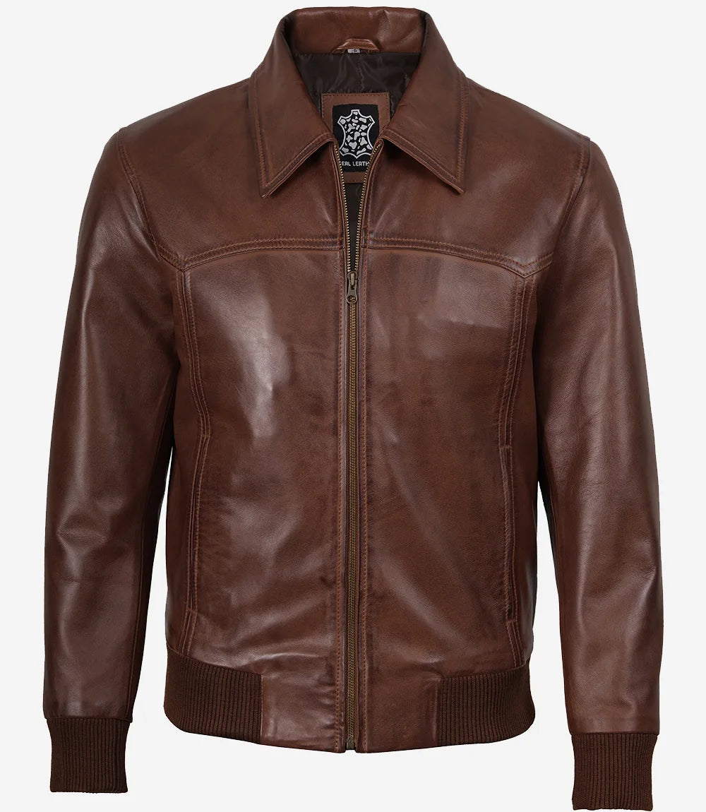 Blouson En Cuir Cognac Foncé Bomber Homme