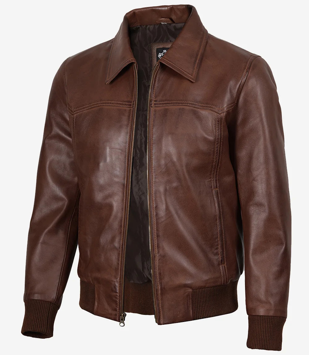 Blouson En Cuir Foncé Bomber Homme