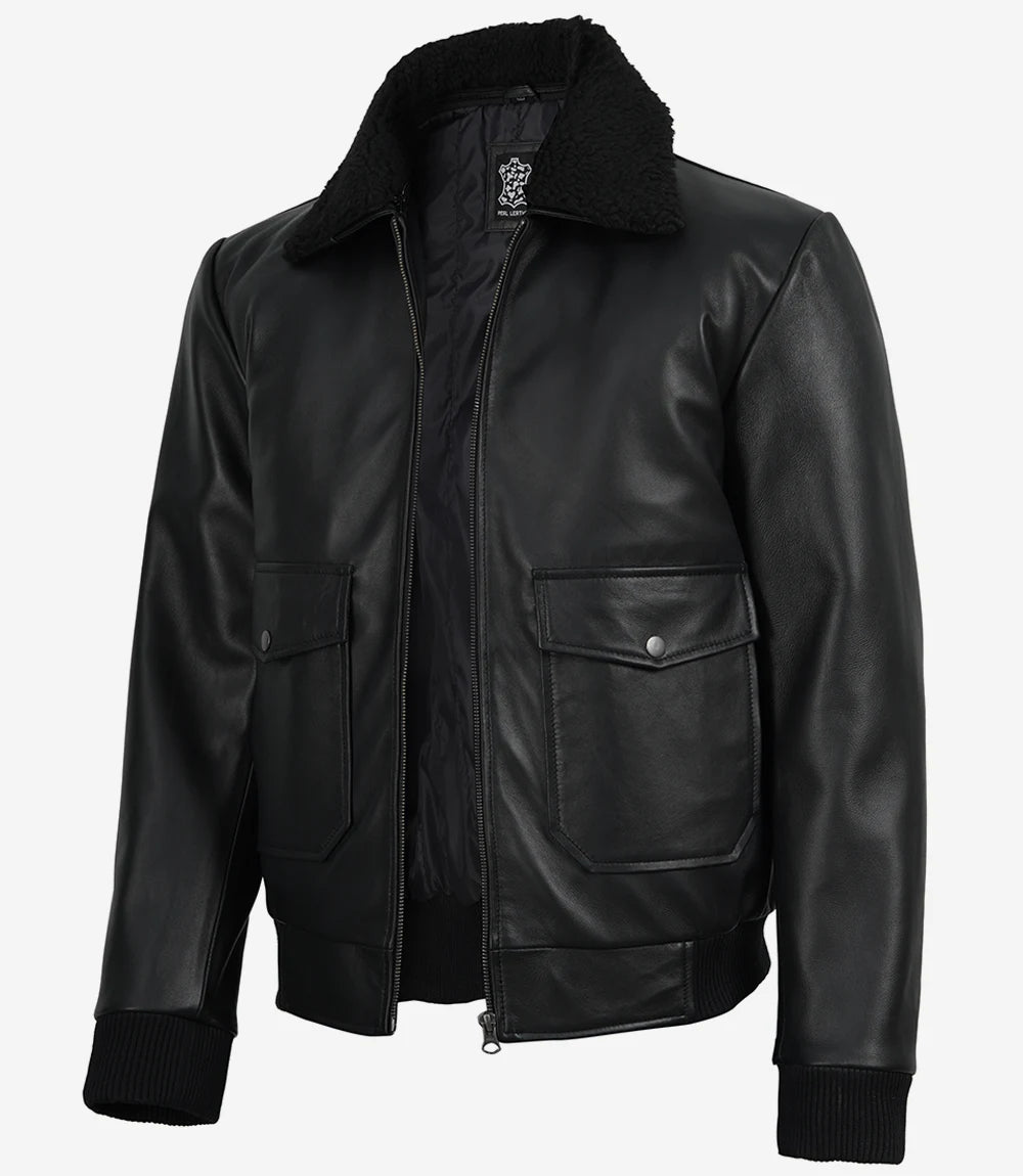 Blouson Aviateur en Cuir Noir pour Homme avec Col Amovible en Fausse Peau Lainée