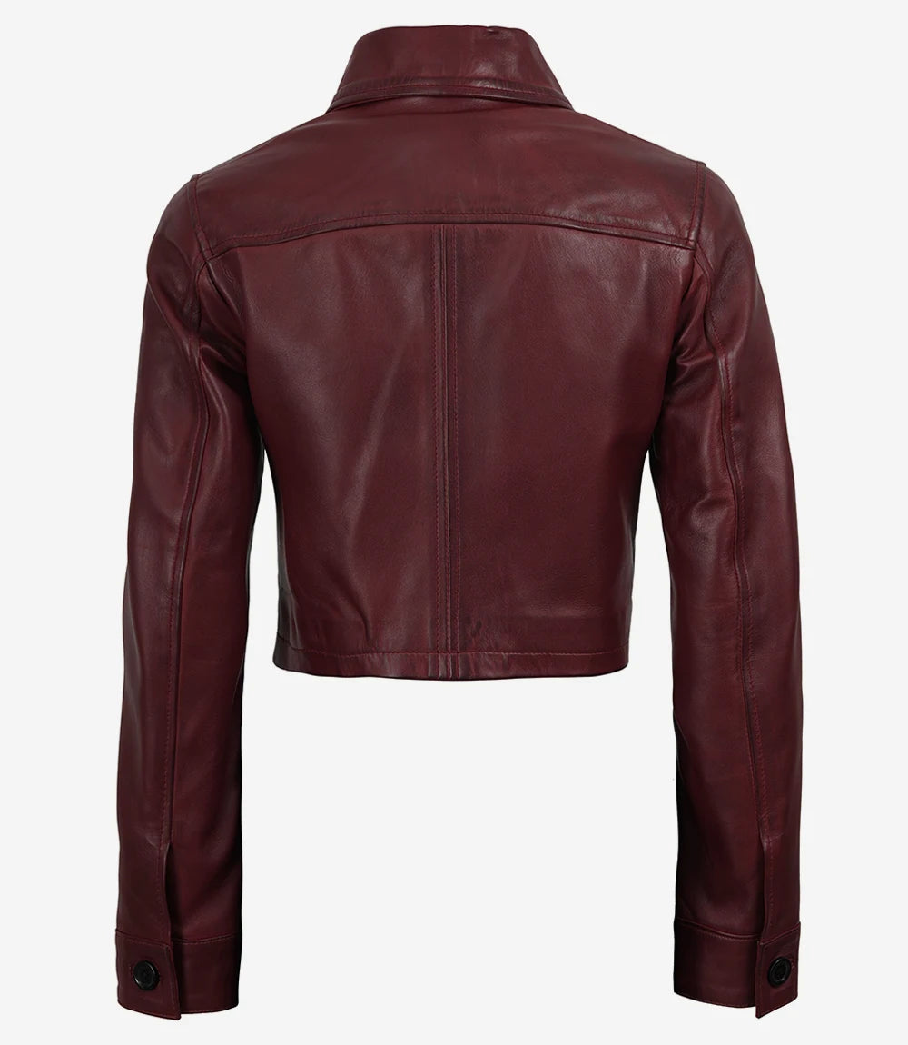 Pour Femme Courte Ciré Bordeaux Veste En Cuir