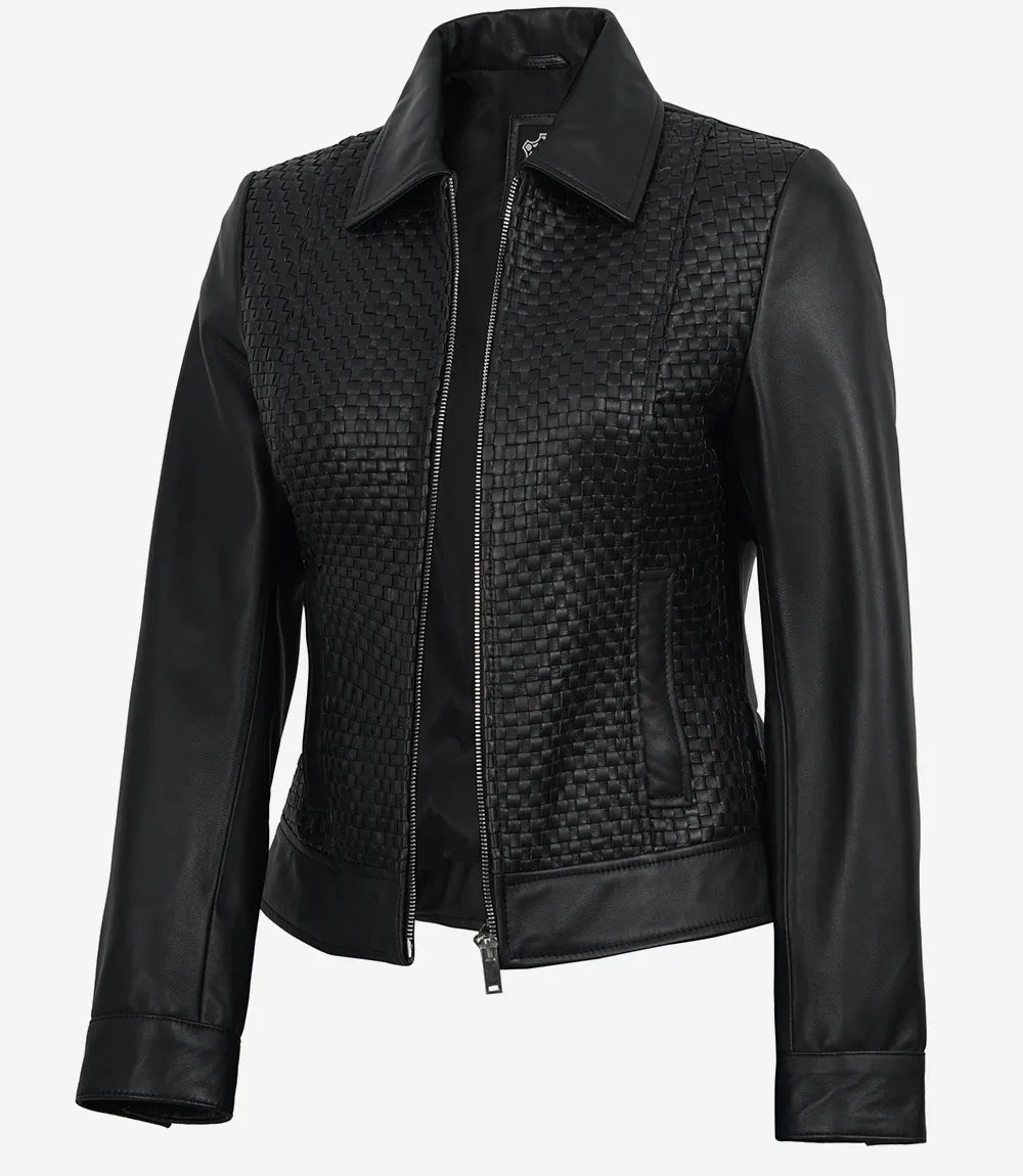 Pour Femme Noir Texturé à Col Chemise Veste En Cuir