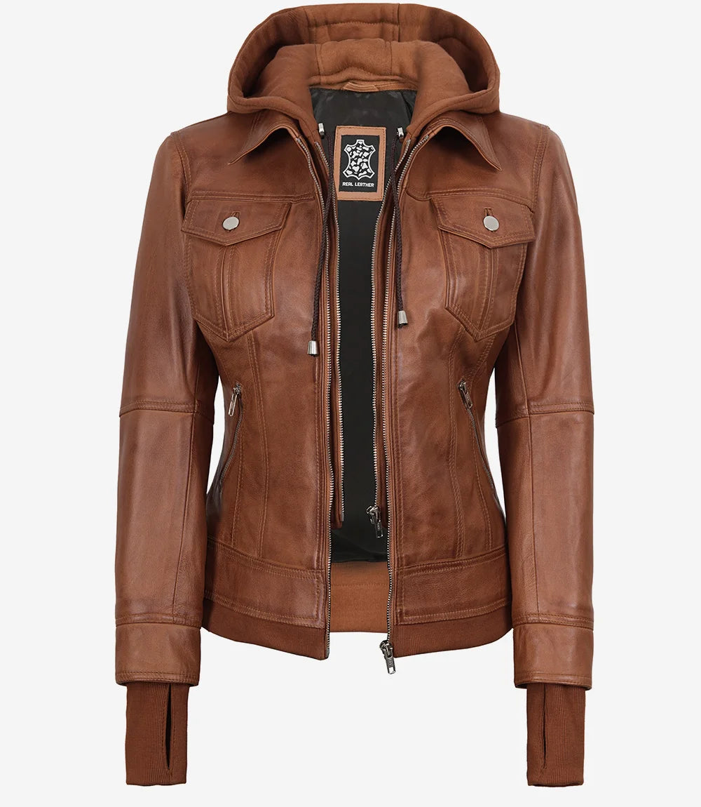 Femme Bomber Tan Ciré Veste en Cuir