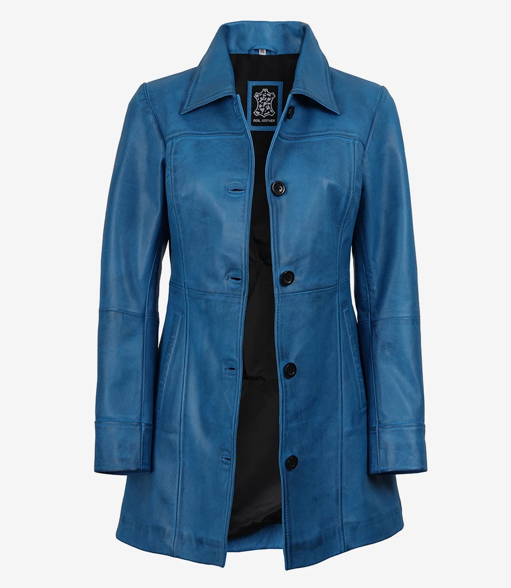 Femme Manteau 3/4 en Cuir D'agneau Bleu