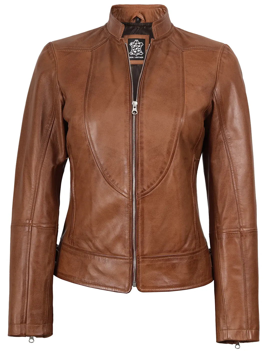 Marron Tan Veste Moto en Cuir