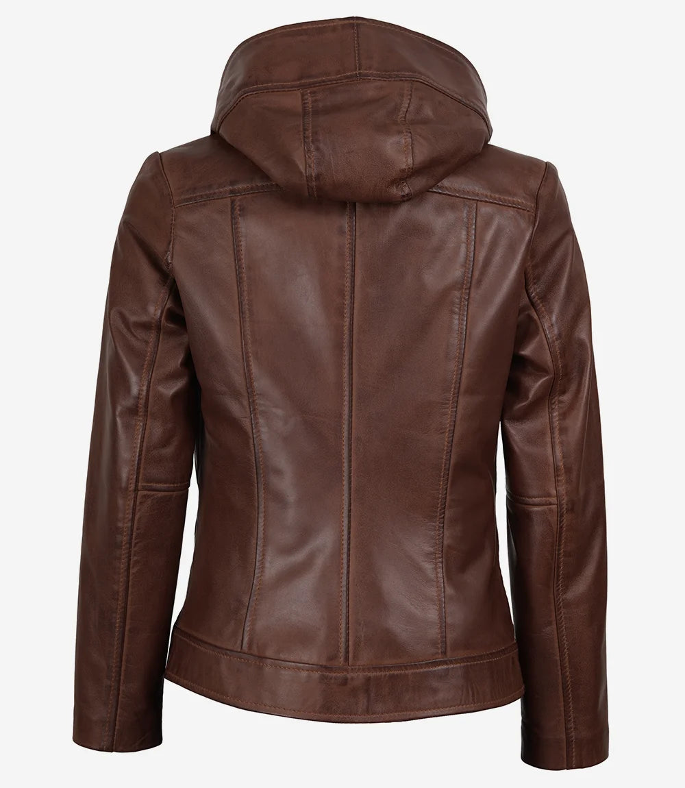 Femme Veste en Cuir Biker Capuche