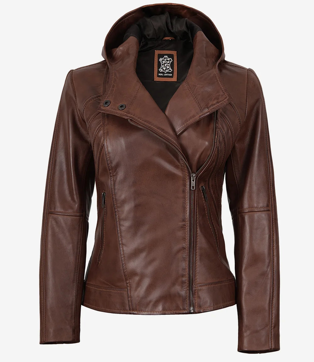 Femme Veste en Cuir Biker Asymétrique avec Capuche