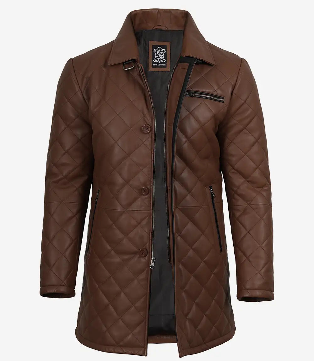 Glen Pour Homme Marron Cognac Manteau en Cuir Car-Coat