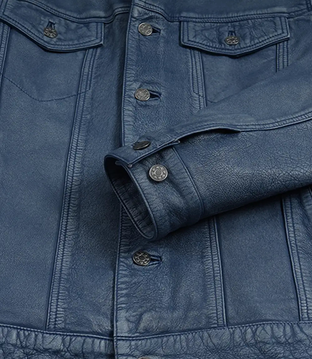 Homme Bleu Délavé Veste En Cuir