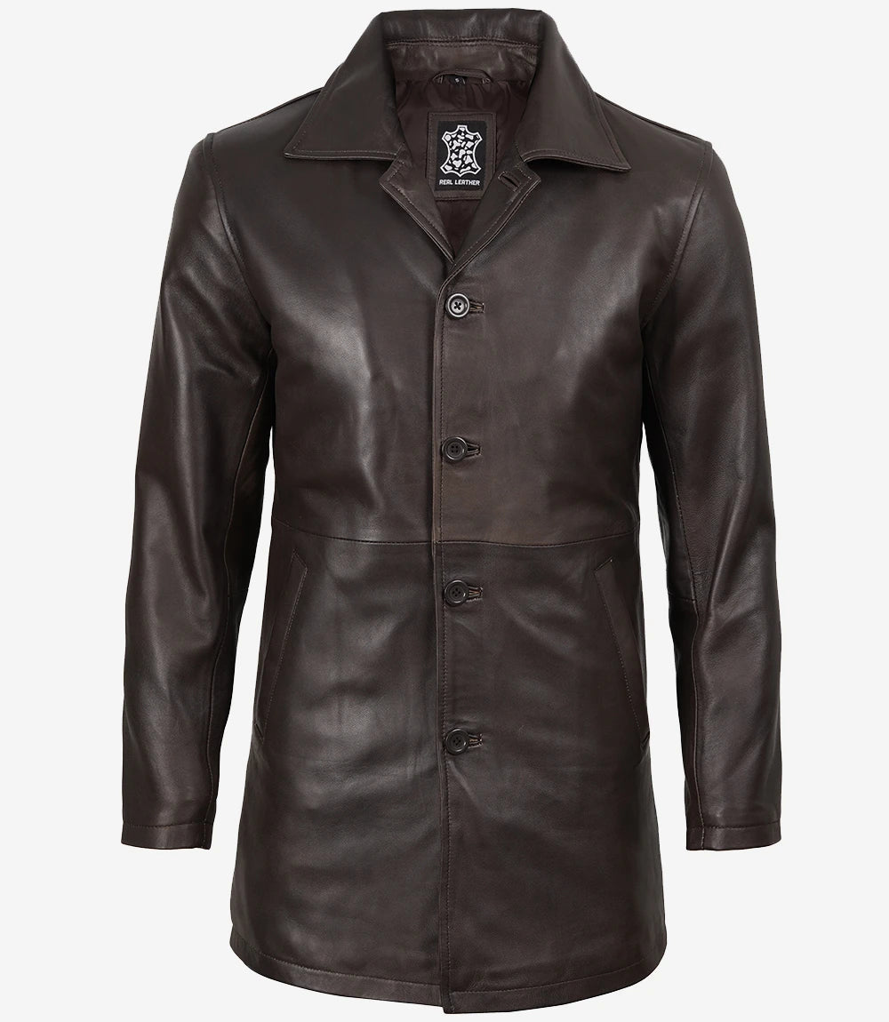 Manteau De Voiture En Cuir Marron Foncé Vieilli Homme