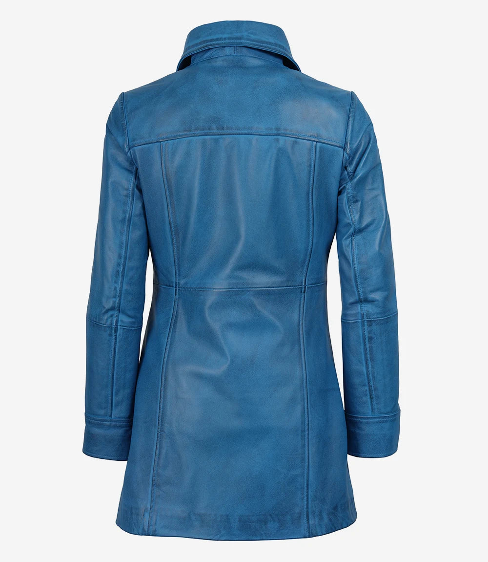 Manteau 3/4 en Cuir D'agneau Bleu