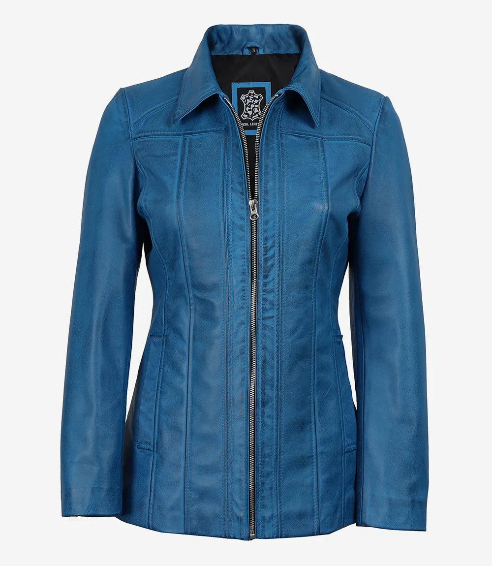 Manteau 3/4 en Cuir Bleu Pour Femme