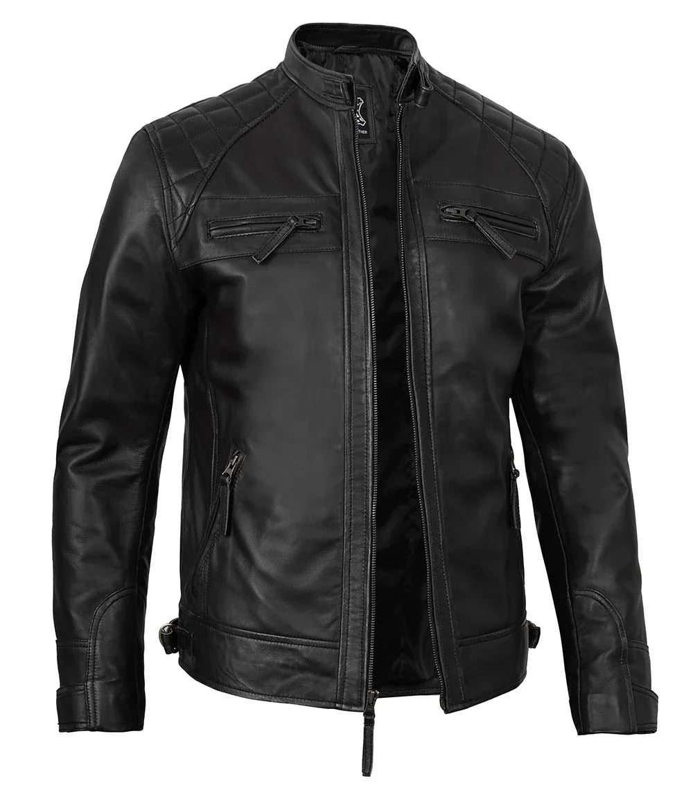 Veste en cuir de motard noire pour hommes