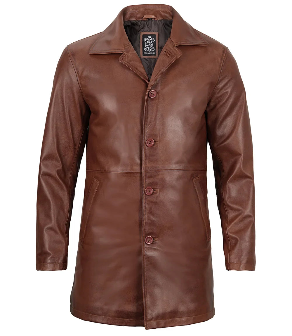 Manteau de voiture en cuir vieilli marron pour homme