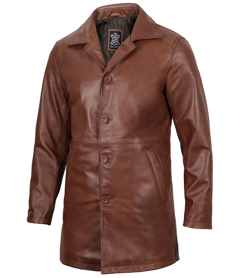 Manteau en cuir vieilli marron pour homme