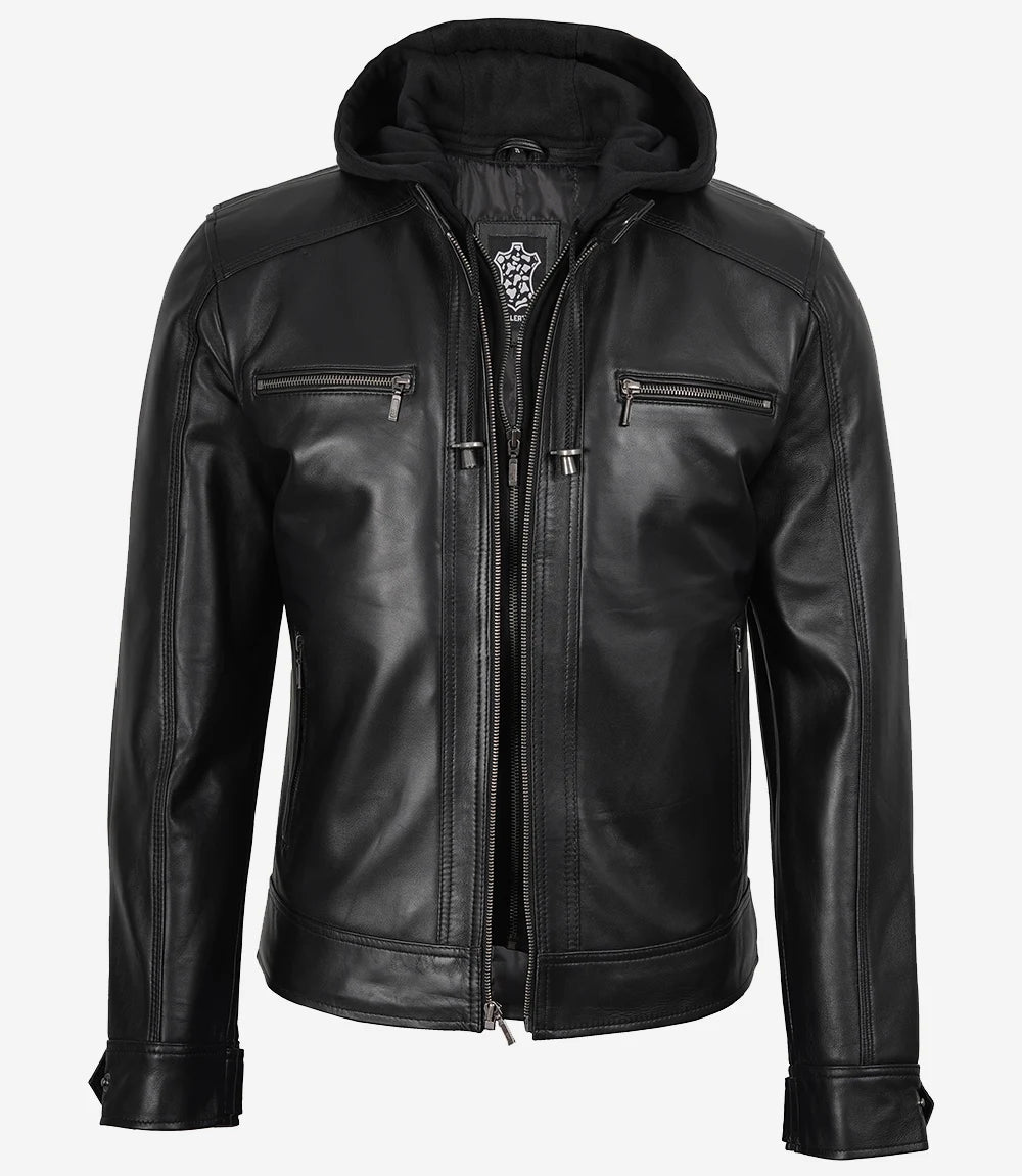 Merrill Blouson Café Racer à Capuche En Cuir Noir