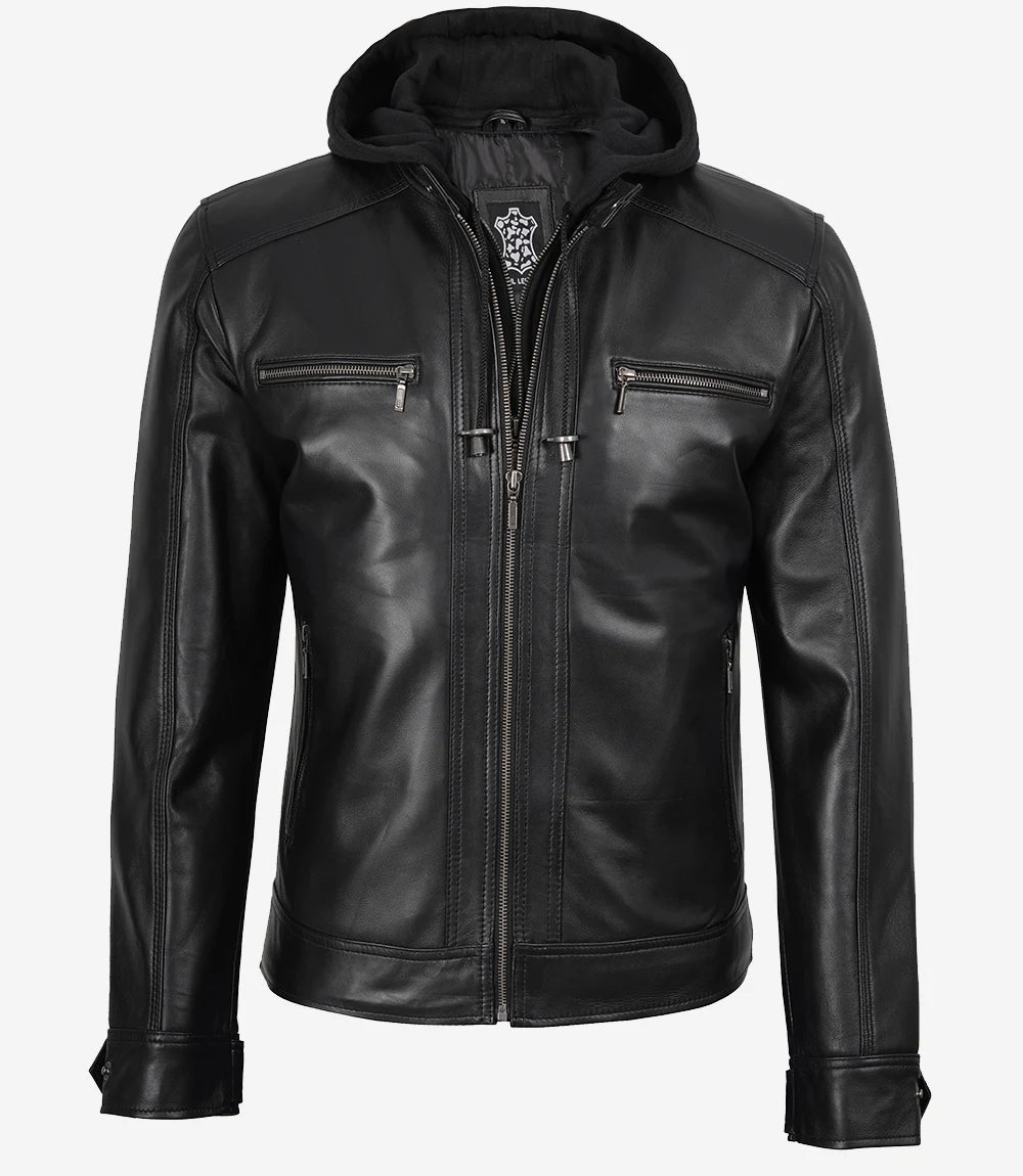 Merrill Blouson Café Racer à Capuche En Cuir Noir