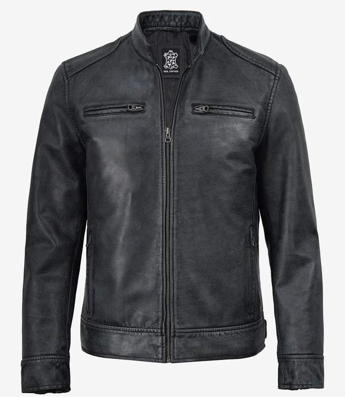 Noir Lavé Café Racer Veste en Cuir pour Homme