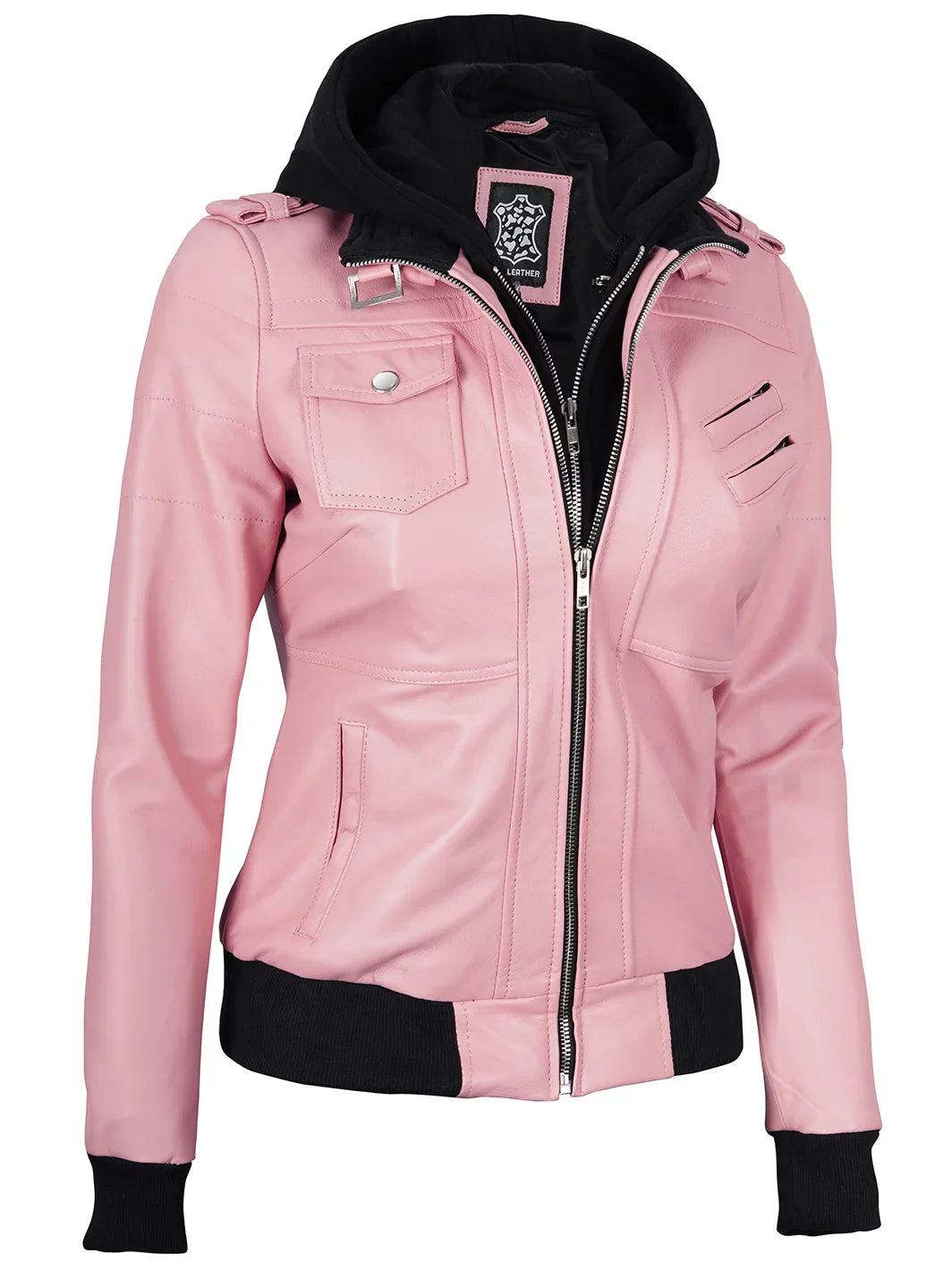 Bomber en cuir à capuche rose