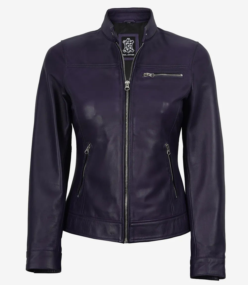 Café Racer D'agneau Violet Ciré Blouson En Cuir