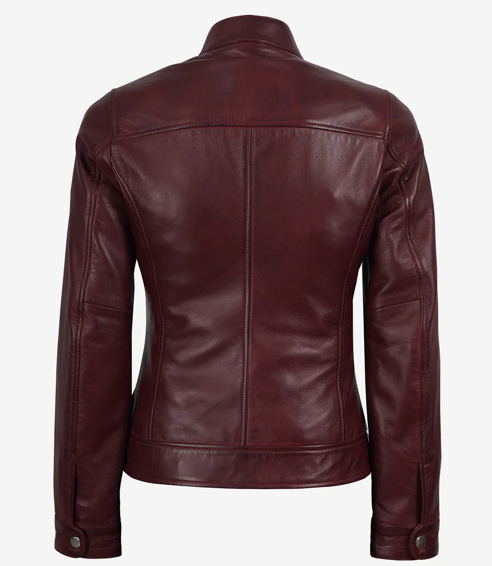Pour Femme D'agneau Ciré Bordeaux Veste Biker en cuir