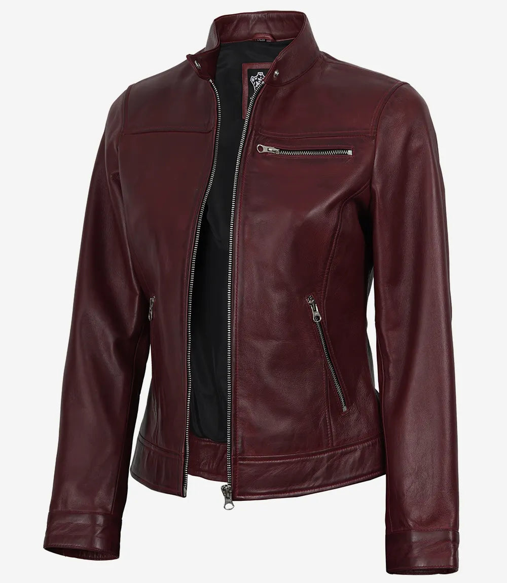 Pour Femme D'agneau Véritable Ciré Bordeaux Veste Biker en cuir