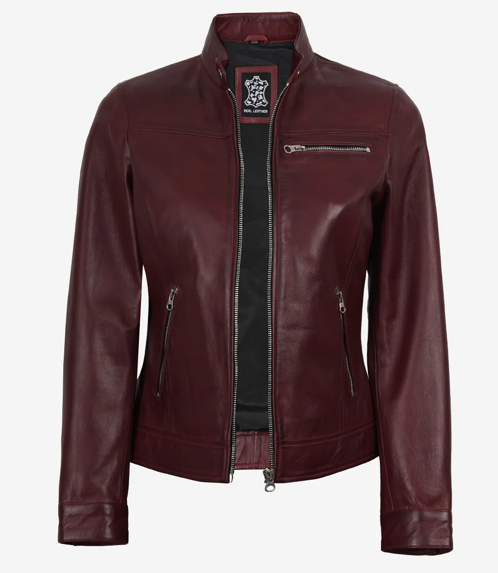 Pour Femme D'agneau Véritable Ciré Bordeaux Veste en cuir