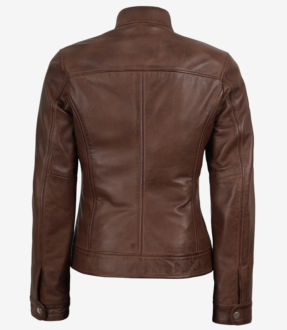 Pour Femme Ciré Cognac Veste Biker en Cuir