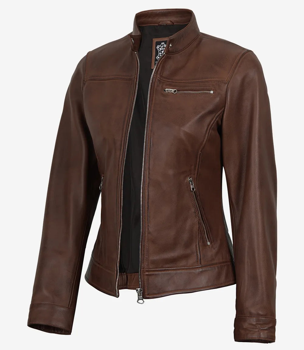 Pour Femme Véritable Ciré Cognac Veste Biker en Cuir