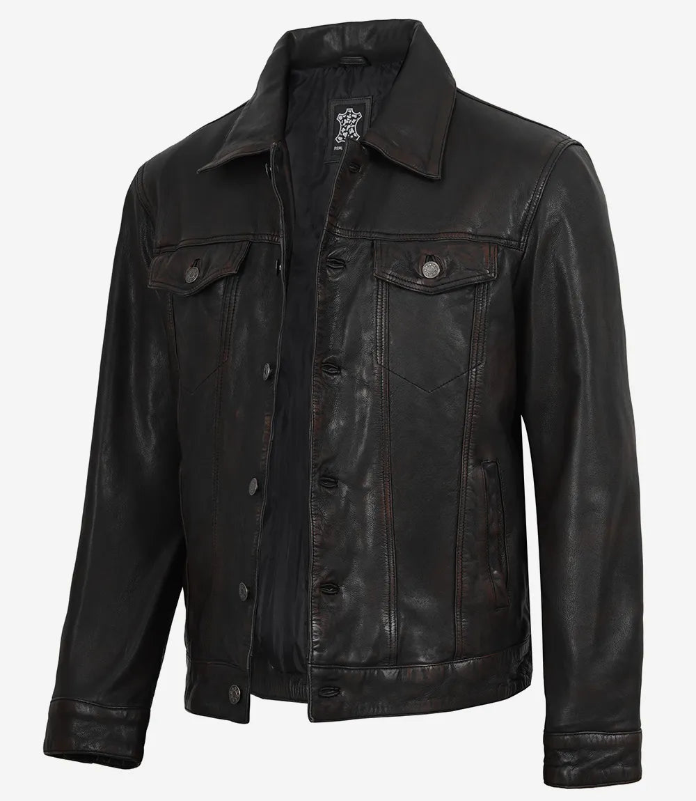 Pour Homme Vieilli Bordeaux et Noir Délavé Trucker Veste En Cuir